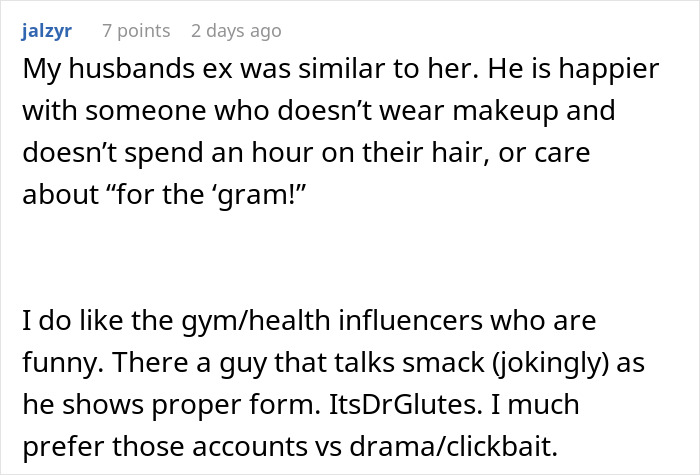 Text excerpt discussing gym influencers and preferences for genuine content over drama, mentioning a gym influencer who lies online.