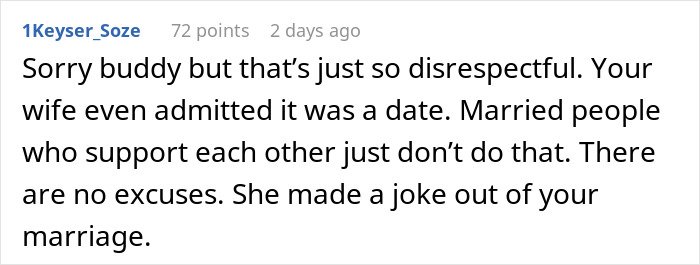 Comment on relationship boundaries discussing a woman going to gala with client as her date, causing husband to question everything.