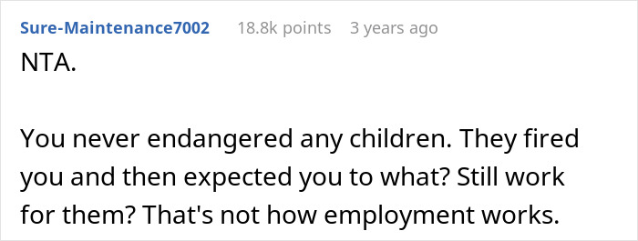 Screenshot of an online comment defending a babysitter falsely accused and fired by rich employers before a missed business trip.
