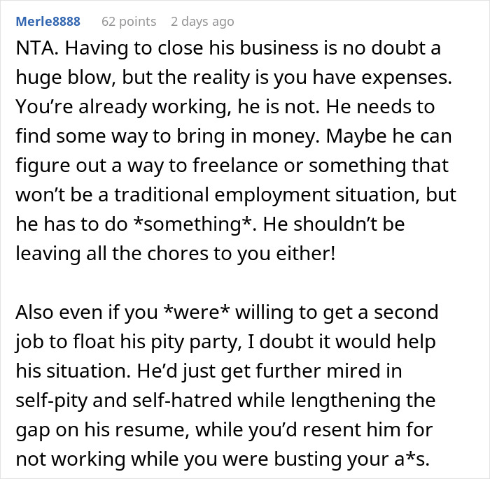 Screenshot of an online comment discussing a man refusing to get a job after his business fails.