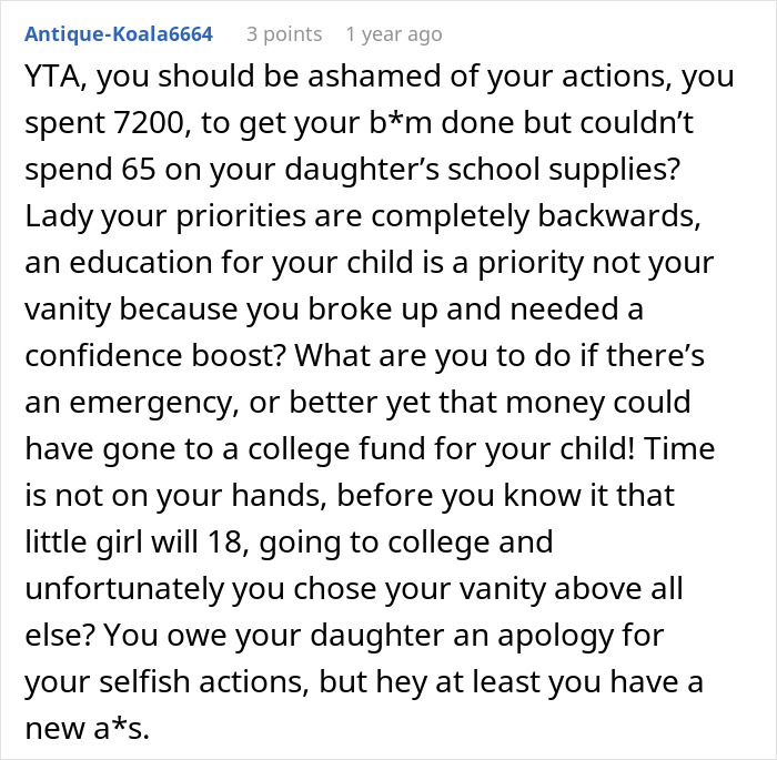 Comment criticizing a single mom&rsquo;s spending on plastic surgery instead of her child&rsquo;s education, highlighting misplaced priorities.
