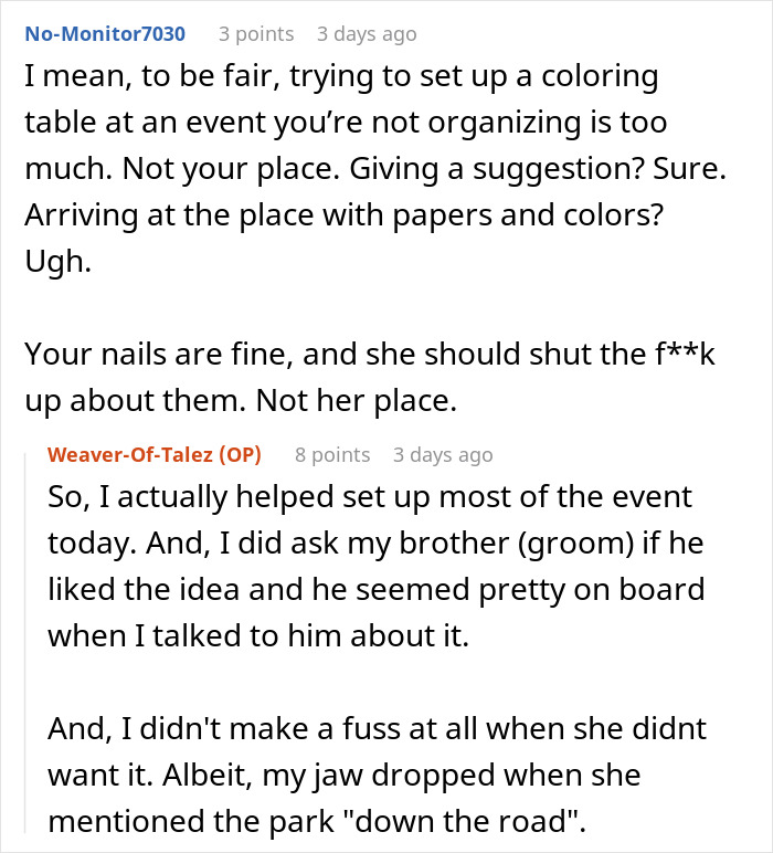 Bridesmaid doing her nails before wedding, causing bride to become self-conscious and upset at the preparation.