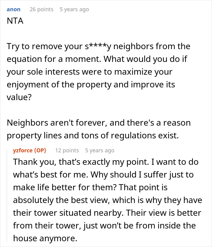 Text conversation about a lady dealing with rude neighbors and protecting her property boundaries.