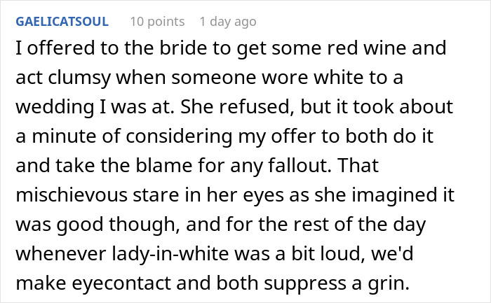 Comment text about a guest wearing own wedding dress, mentioning red wine and reacting to white dresses at a wedding.