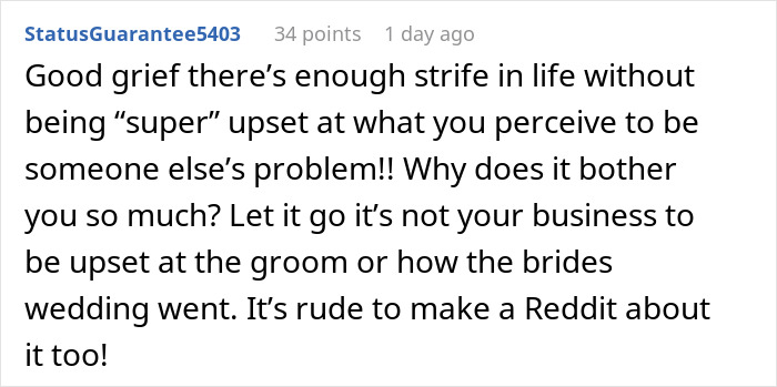 Reddit user criticizing a woman shaming a Halloween wedding, expressing disappointment in the groom and anger for the bride.