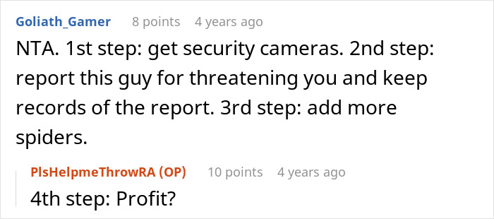 Screenshot of an online discussion about a neighbor threatening a couple over their Halloween decorations.