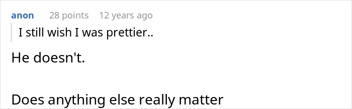 Screenshot of a user comment expressing feelings about being ugly in relation to the wife hearing husband admit she&rsquo;s ugly.