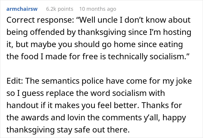 Screenshot of a Reddit comment discussing a woman dealing with her conservative uncle at Thanksgiving dinner.