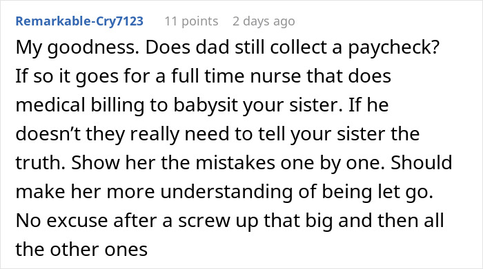 Comment discussing medical billing errors and a doctor refusing to rehire sister after costly mistake.