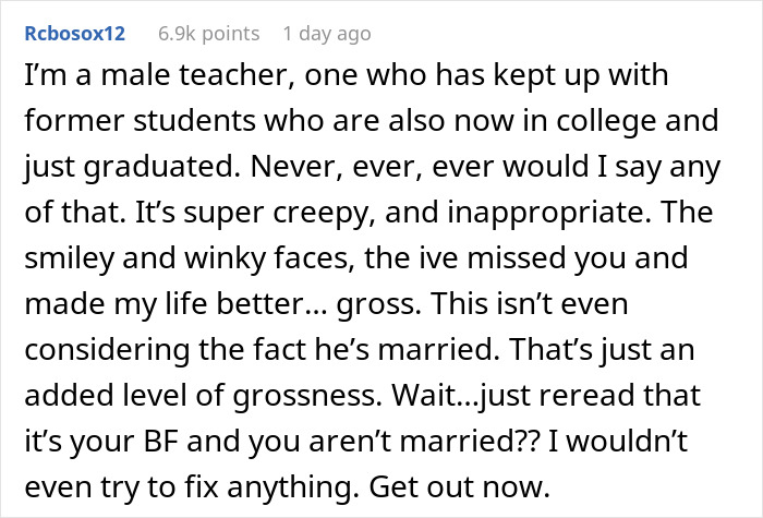 Screenshot of comment discussing 43YO texting former student, highlighting issues of appropriateness and creepiness.