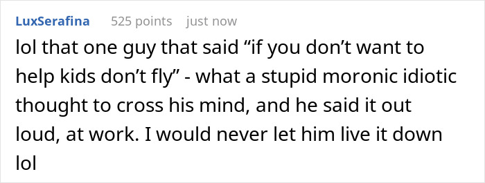 Reddit comment criticizing a rude family bullying a lady to swap plane seats while coworkers call her a villain.