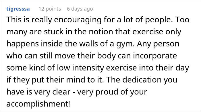 Comment expressing encouragement about exercise and praising dedication, related to woman&rsquo;s Costco weight loss journey.