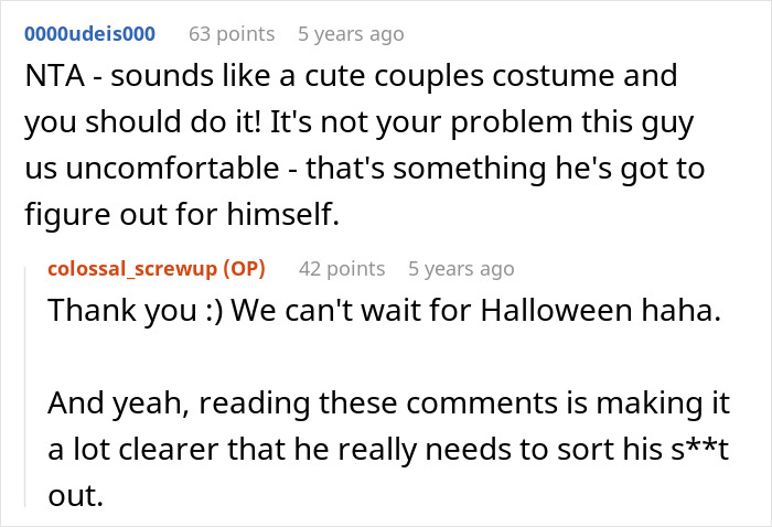 Reddit conversation about masculinity so fragile with guy uncomfortable over girlfriend&rsquo;s friends&rsquo; Halloween costume.