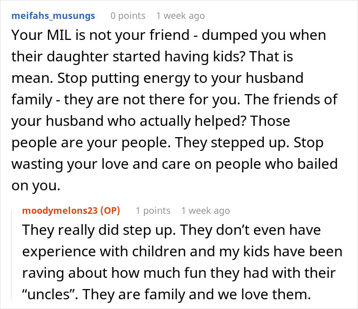 Reddit conversation about a woman struggling with lack of support after surgery while caring for two kids.