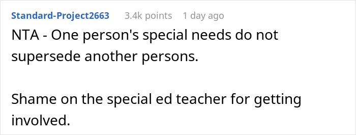 Screenshot of a Reddit comment discussing special needs, highlighting a mom standing her ground over autistic student demands.