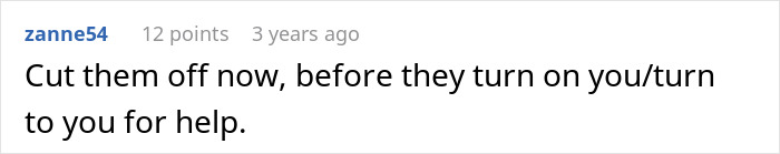 Screenshot of a forum comment advising to cut ties early, related to golden child lost parents money crypto issues.