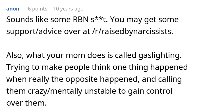 Comment explaining gaslighting and advice on support forums related to parents lying about food allergies and no contact.