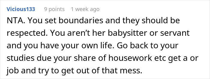 Screenshot of a user comment discussing setting boundaries after quitting being a free babysitter for a cousin&rsquo;s wife.