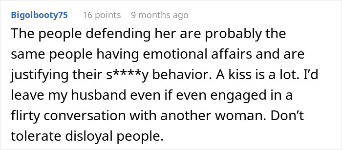 Comment discussing family backlash over lady kissing another man and husband divorcing her for one kiss.