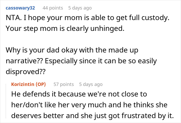 Screenshot of an online discussion where a teen calls out stepmom's hypocrisy and public lies, highlighting family conflict.