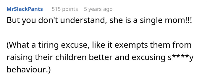 Comment text criticizing a single mom for excusing poor child behavior during a long flight interaction.