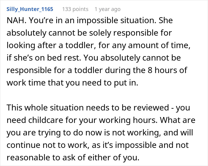 Reddit comment discussing challenges of a man snapping at pregnant bedridden wife for work meeting disruption.