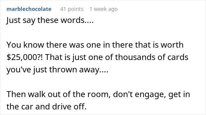 Reddit comment discussing the value of a rare Pok&eacute;mon card in a husband&rsquo;s discarded card collection controversy.