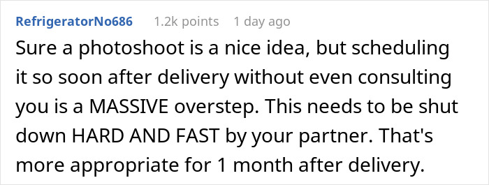 Comment discussing overbearing MIL booking a photoshoot just after daughter-in-law gives birth, causing tension with hubby siding with MIL.