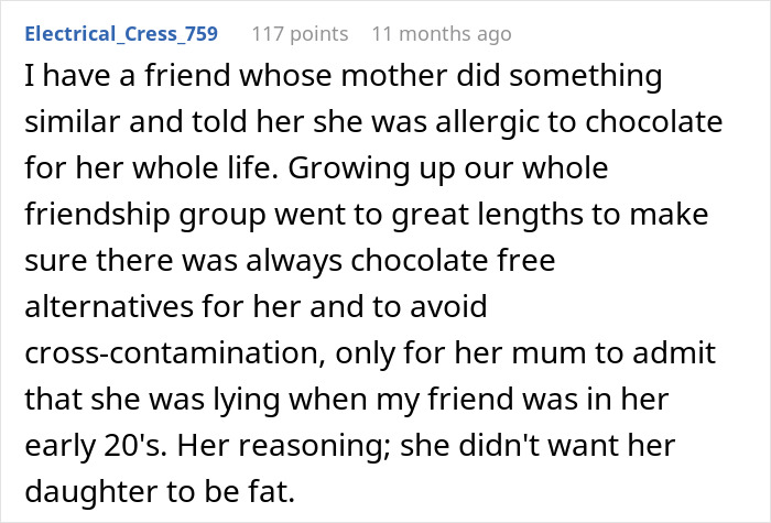 Comment describing a mother lying to her daughter about food allergies, highlighting parents lied food allergies daughter no contact.