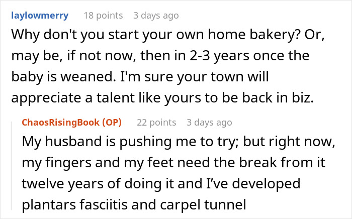 Alt text: Online discussion about starting a home bakery, mentioning challenges like plantar fasciitis and carpal tunnel from baking work.