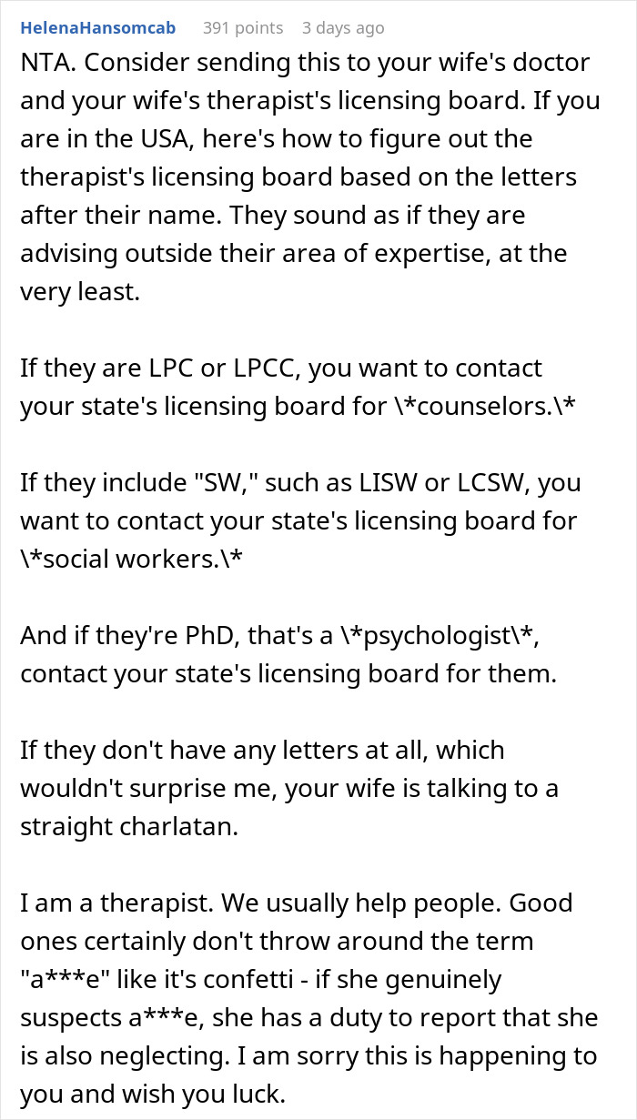 Text comment discussing concerns about a wife's therapist and advice on therapist licensing and professional conduct.