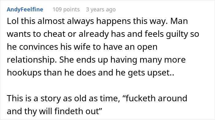 Comment discussing regrets in an open marriage where a 41-year-old man forces his 39-year-old wife into it.