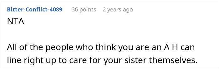 Screenshot of a forum comment discussing family conflict over refusal to care for disabled sister and accusations of ableism. Screenshot of a forum comment discussing family conflict over refusal to care for disabled sister and accusations of ableism.