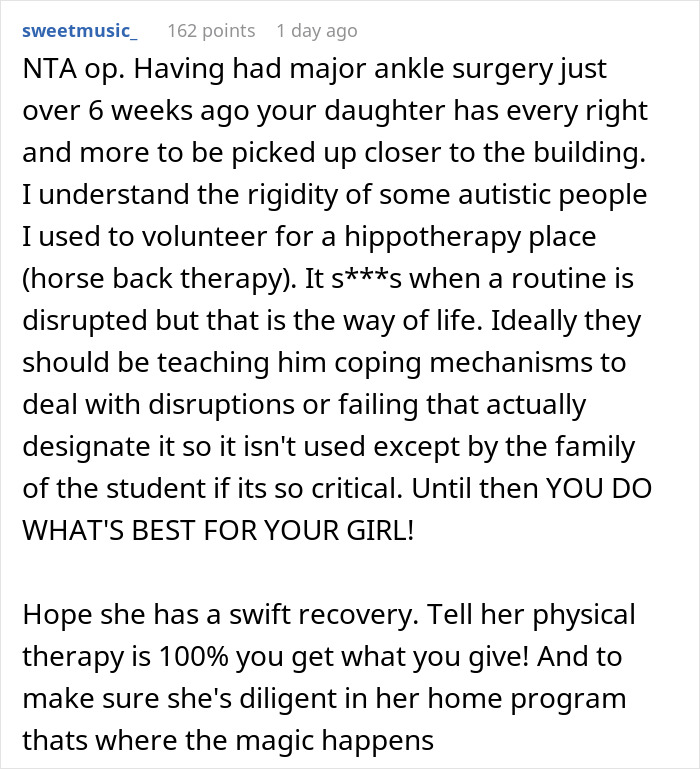 Comment discussing a mom standing her ground on autistic student&rsquo;s needs versus her injured child&rsquo;s care.