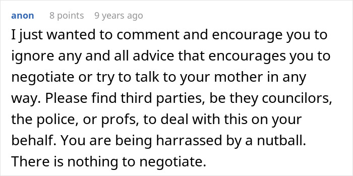 Comment advising to avoid negotiation and seek third parties for support in parents lied food allergies daughter no contact cases.
