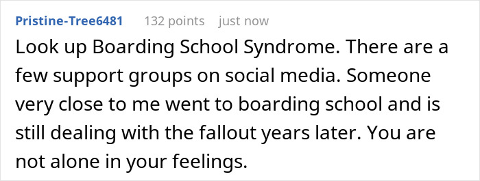 Text post discussing boarding school syndrome and ongoing emotional fallout years after being sent away by parents.
