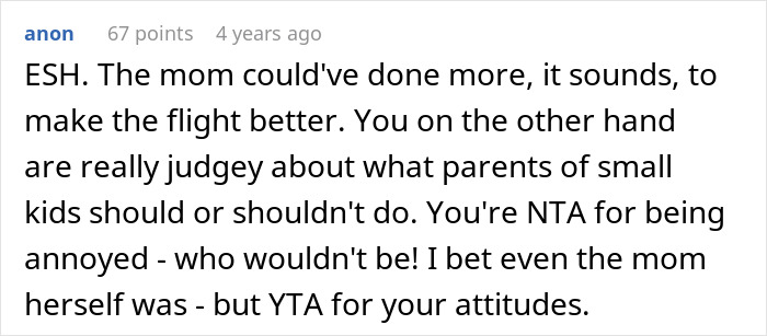 Commenter discussing passenger confronting mom after toddler meltdown during long flight, debating handling and attitudes.