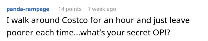 Comment about walking around Costco and losing money, discussing weight loss journey linked to Costco visits.