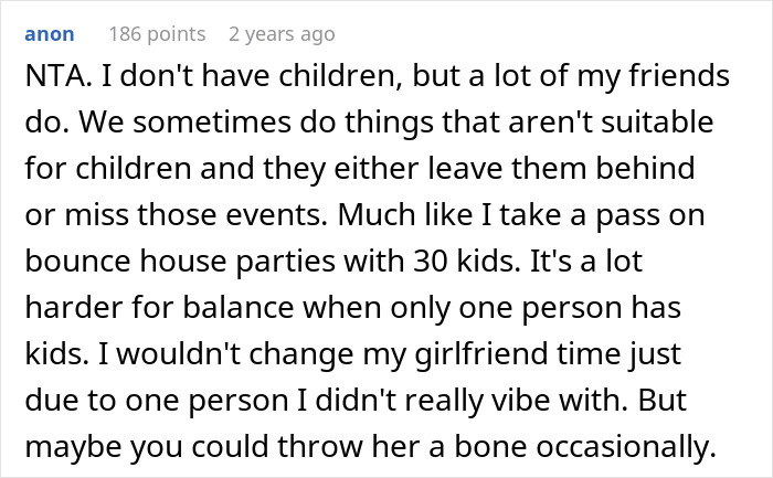 Screenshot of a forum comment discussing challenges when a mom brings her kids to group activities, upsetting neighbors.