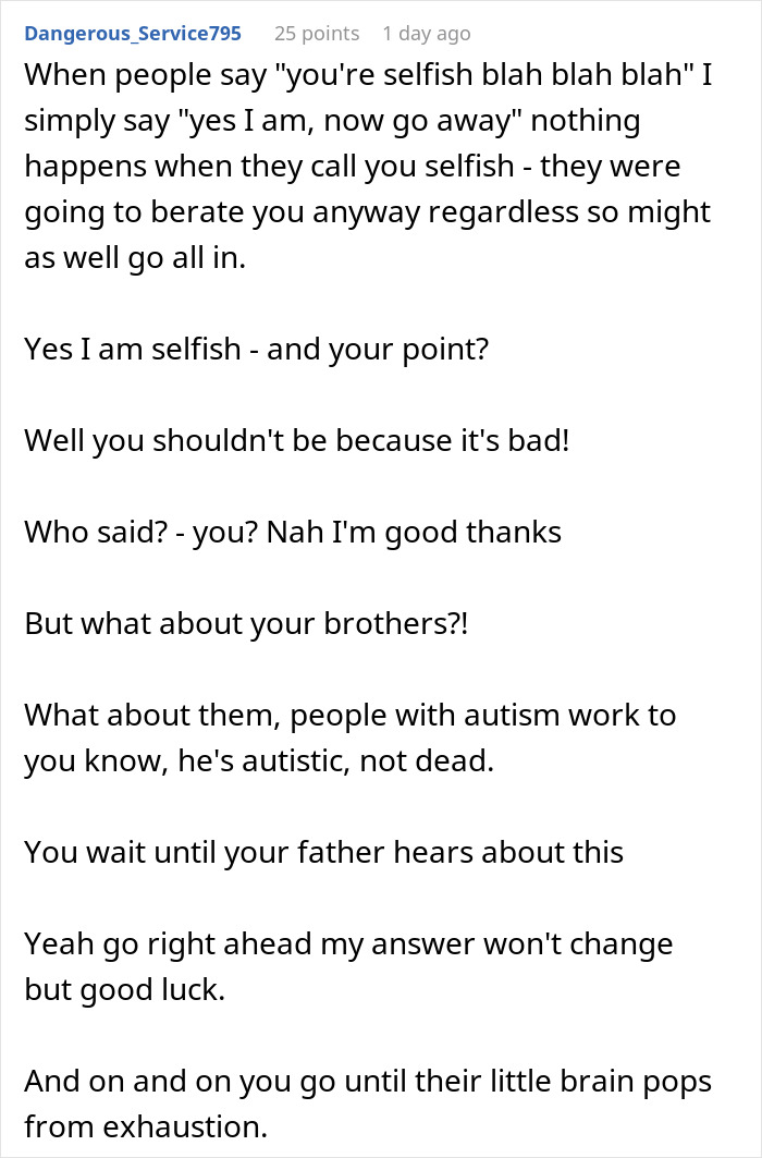 Text post discussing neglect faced by sibling of autistic and epileptic brothers and parents demanding part of her salary.