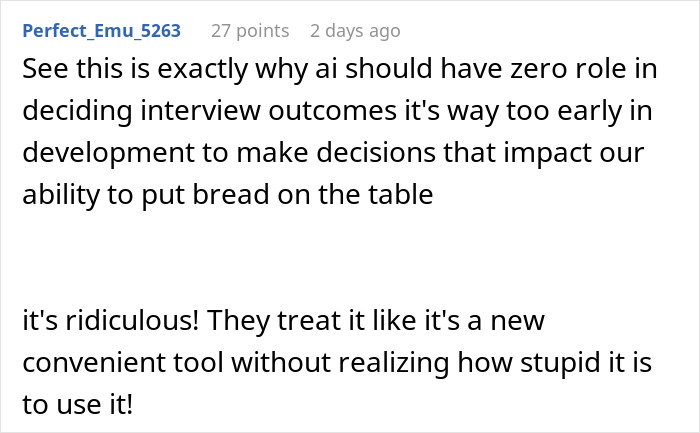 User comment warning against AI-scored job interview real-time decisions impacting employment opportunities. User comment warning against AI-scored job interview real-time decisions impacting employment opportunities.