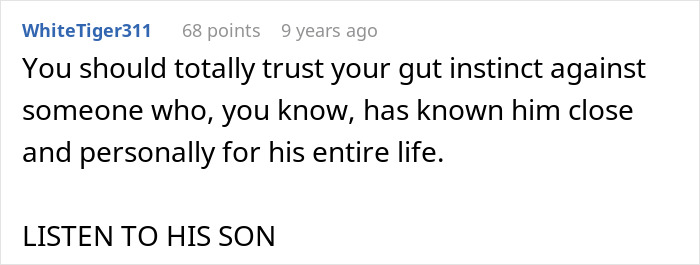 Screenshot of an online comment advising to trust the grown son&rsquo;s perspective in a relationship wake-up call situation.