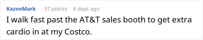 Comment text from user KazooMark describing walking fast past AT&T sales booth to get extra cardio at Costco, related to weight loss journey.
