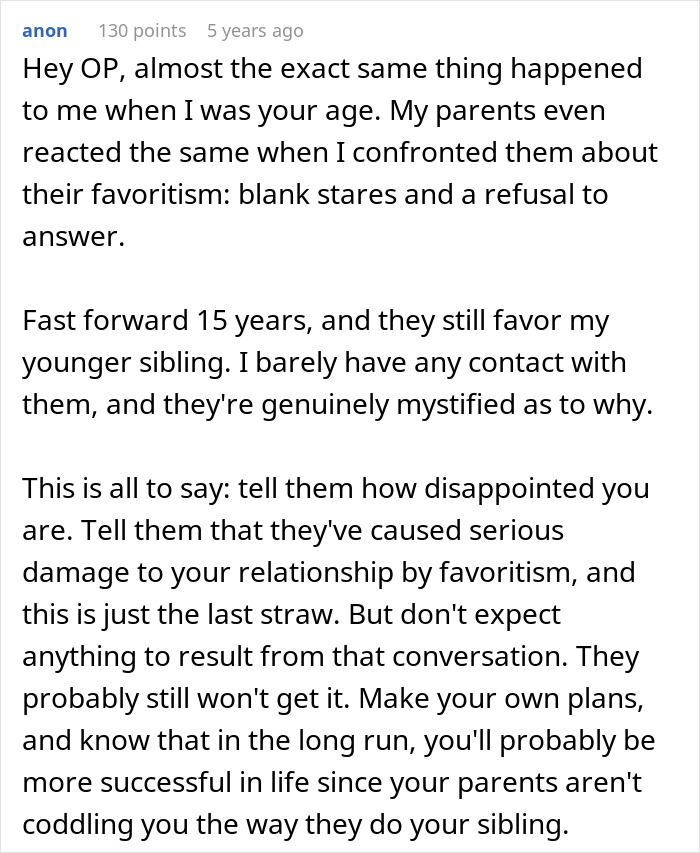 Comment discussing parents gifting a 17-year-old child a $25K car while showing favoritism over older sibling.