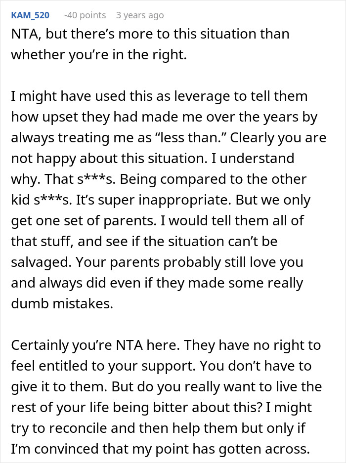 Text post discussing parents&rsquo; blatant favoritism and how the son refuses to help due to feeling mistreated and compared.
