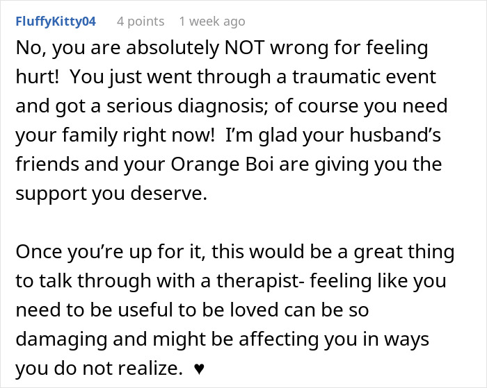 Screenshot of a supportive online comment addressing lack of support for a woman with two kids after surgery.