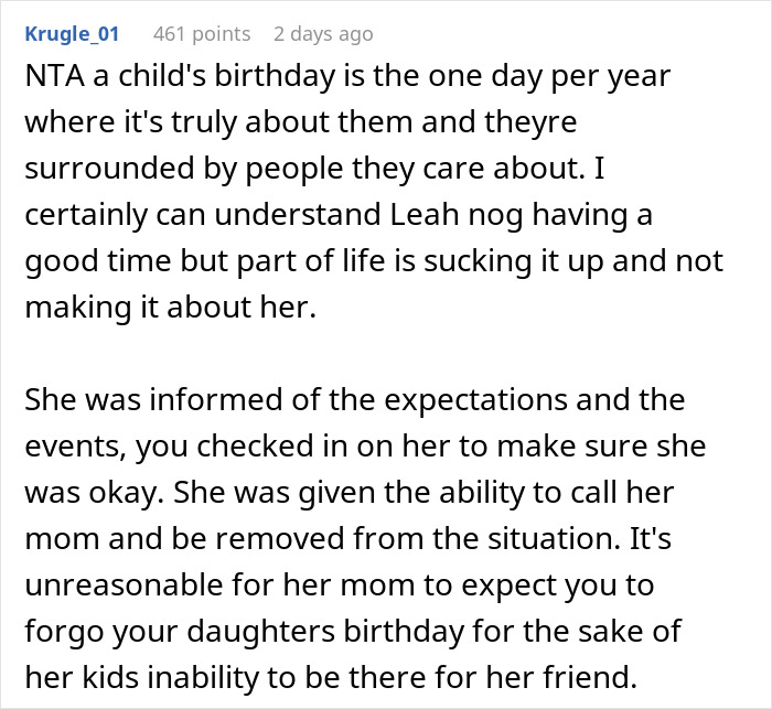 Reddit comment discussing a 12-year-old ruining friend&rsquo;s birthday and causing drama between moms.