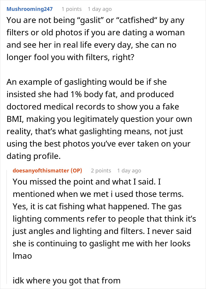 Online discussion about gym influencer catfishing and lying, causing problems in her relationship with her boyfriend.