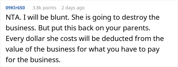 Screenshot of an online comment discussing a doctor refusing to rehire sister after she cost practice $40,000.