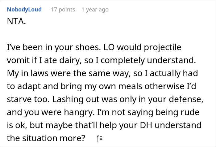Comment from NobodyLoud explaining how she adapted meals due to in-laws ignoring dietary needs at family dinners Comment from NobodyLoud explaining how she adapted meals due to in-laws ignoring dietary needs at family dinners